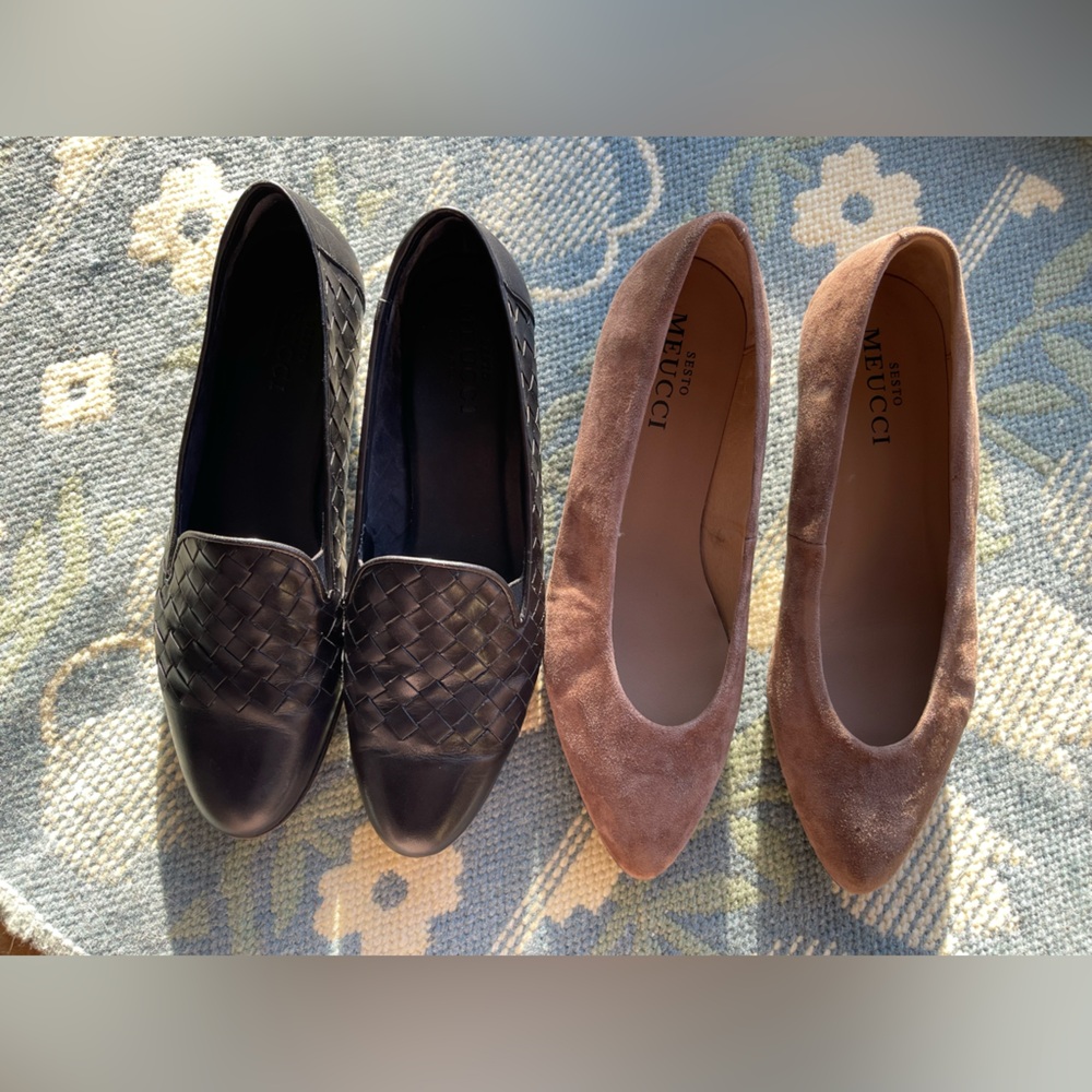 Sesto Meucci Lot: Black Woven Leather Loafers + Brown Suede Flats Sz 8.5